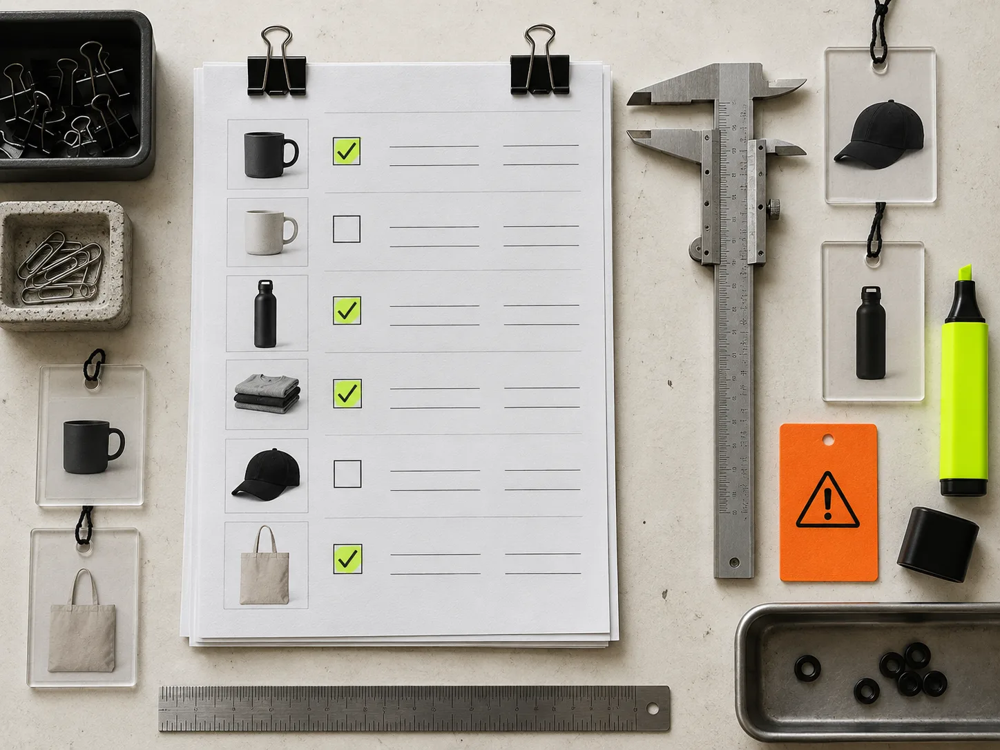 A product-selection workbench with checklist materials