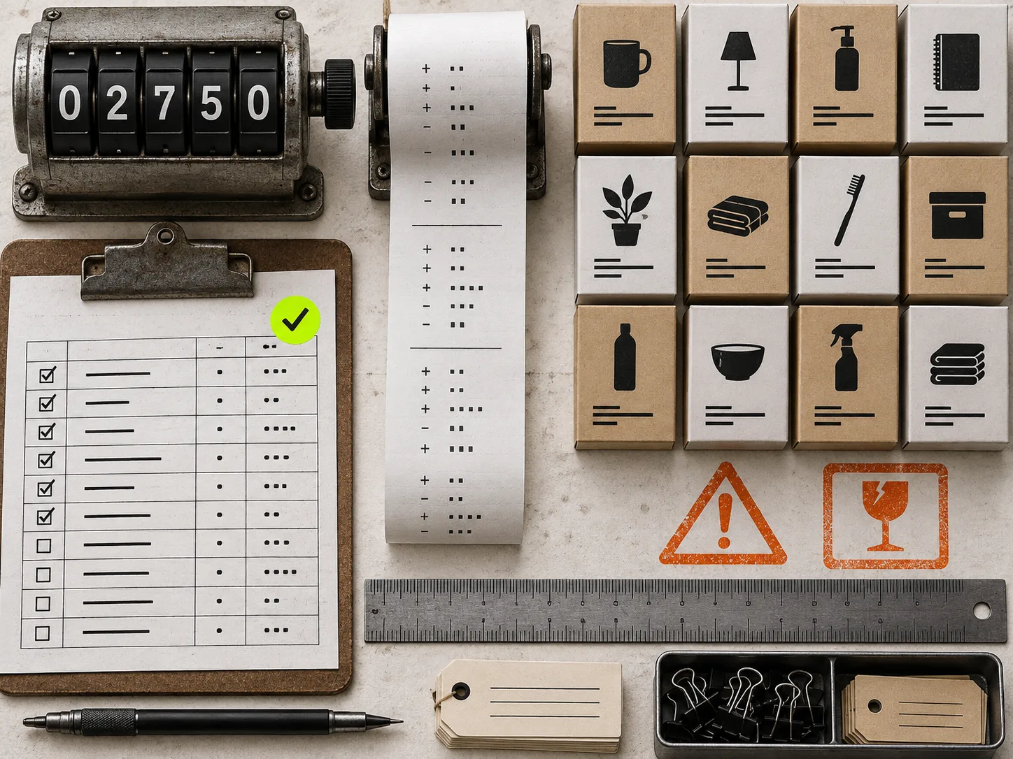 A mechanical preview station with retail boxes and verification markers
