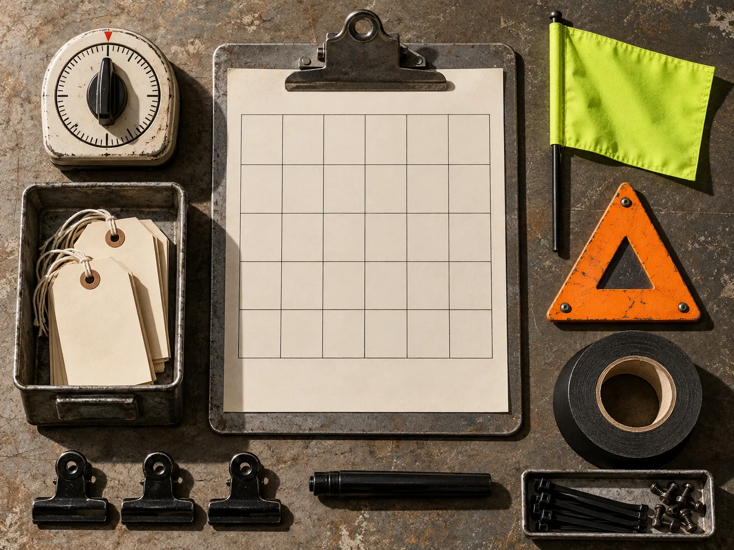 A scheduling workbench with timer, clipboard, and orange warning marker