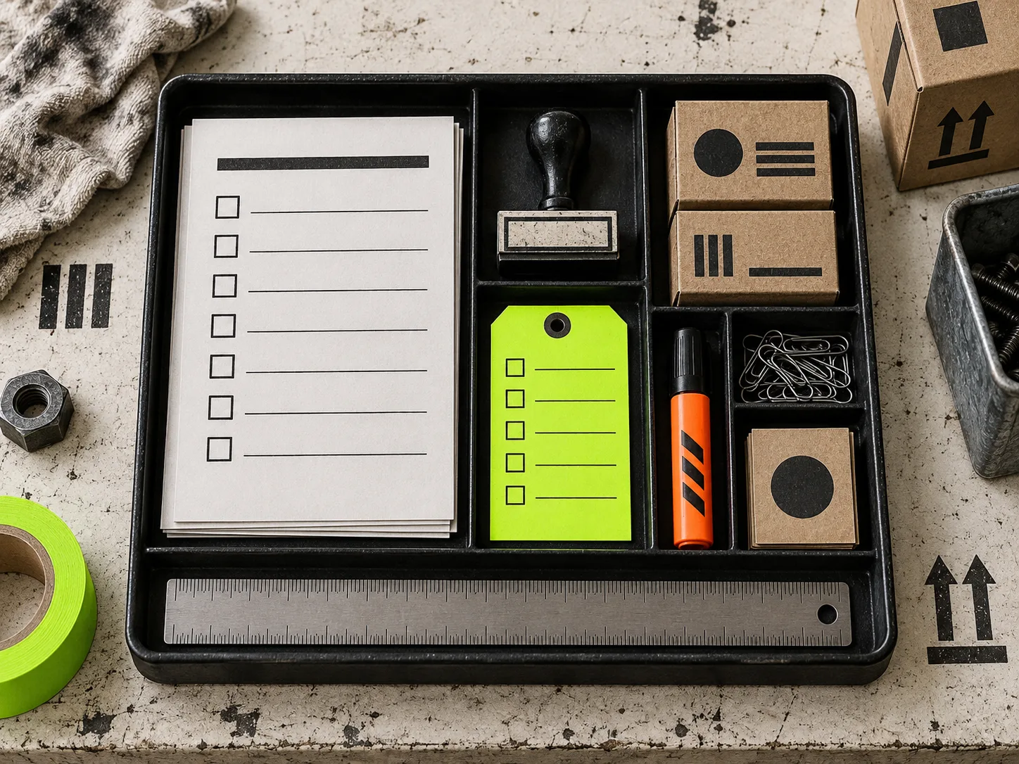A durable launch checklist tray with inspection card and technical tools