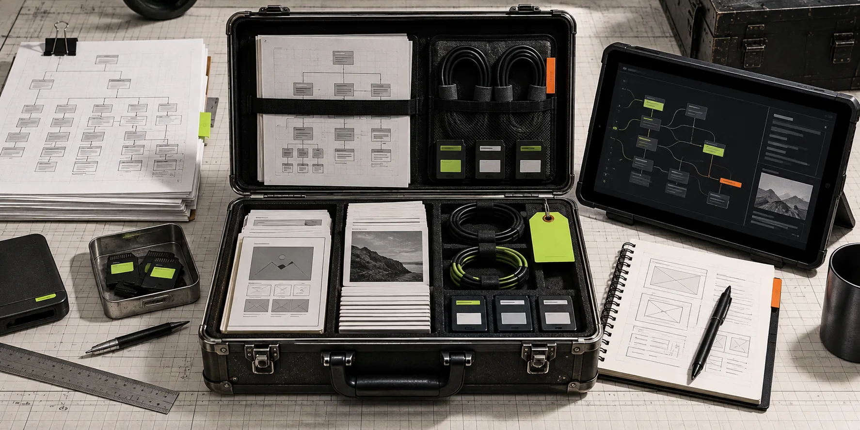 Webflow static backup field kit on an industrial workbench