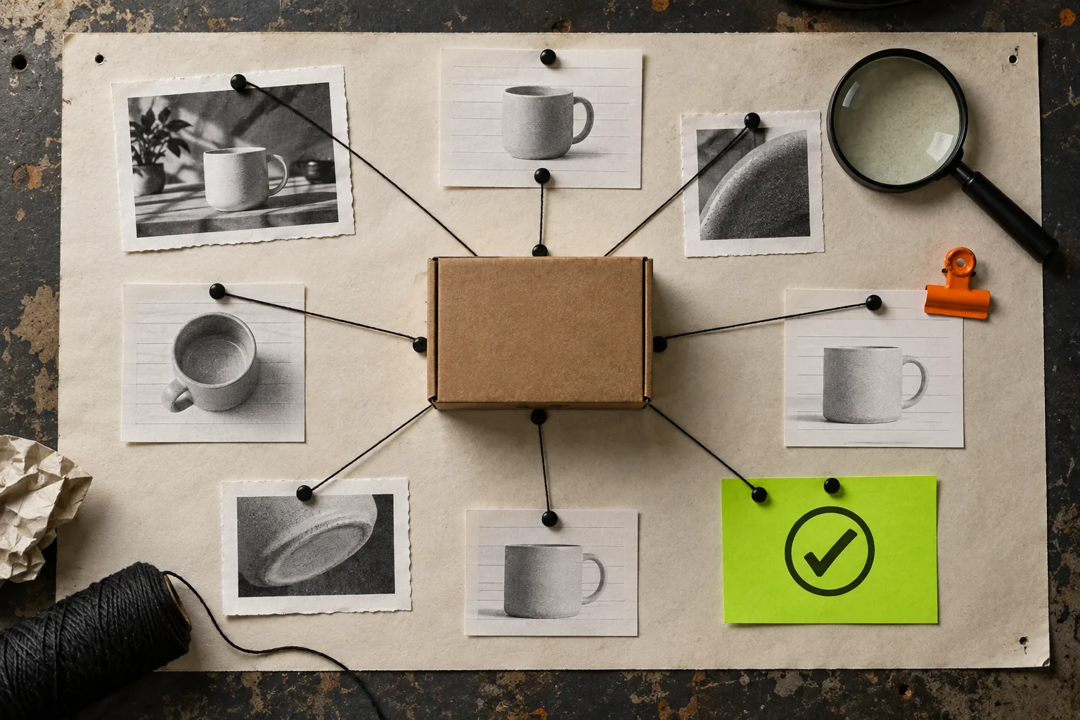 A product-aware content workflow arranged as physical cards and checks