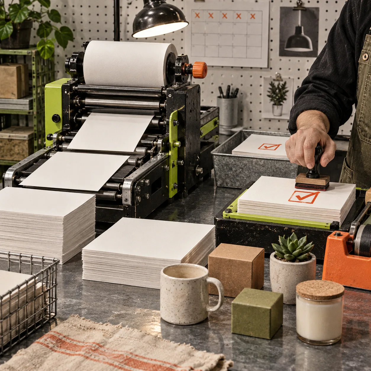 A physical publishing workflow moving from draft through quality control