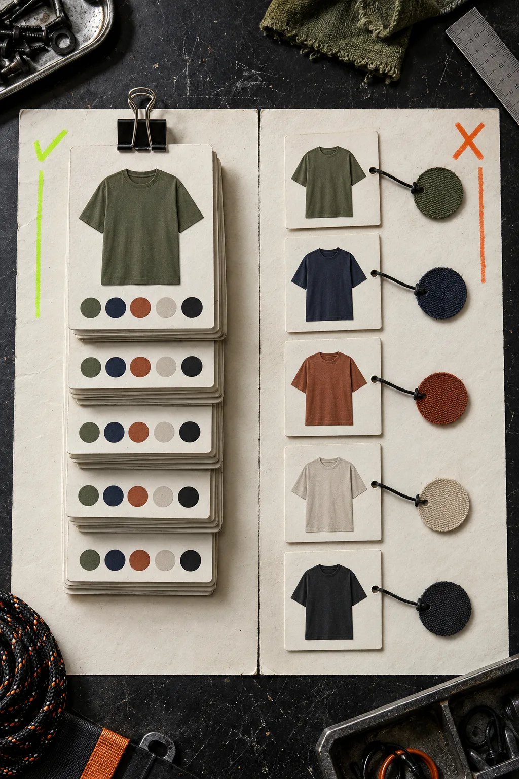 A physical comparison board showing variant swatches beside linked product cards
