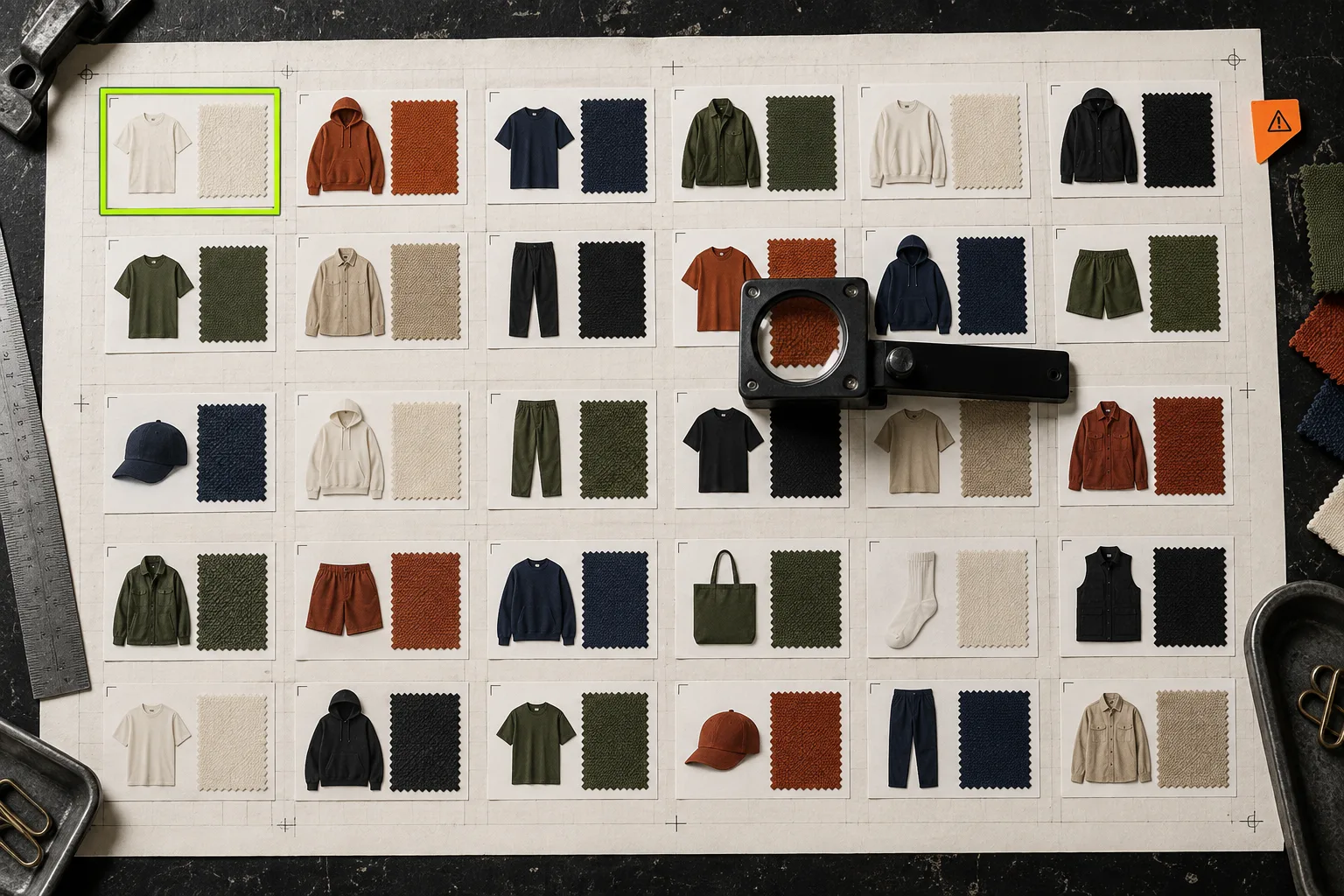 A dense grid of product cards with fabric swatches inspected by a tool gauge