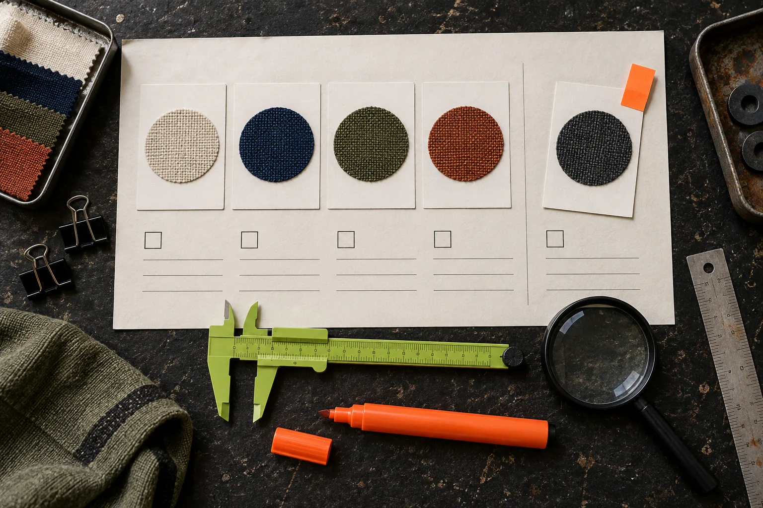 A swatch quality-control checklist on a black workbench