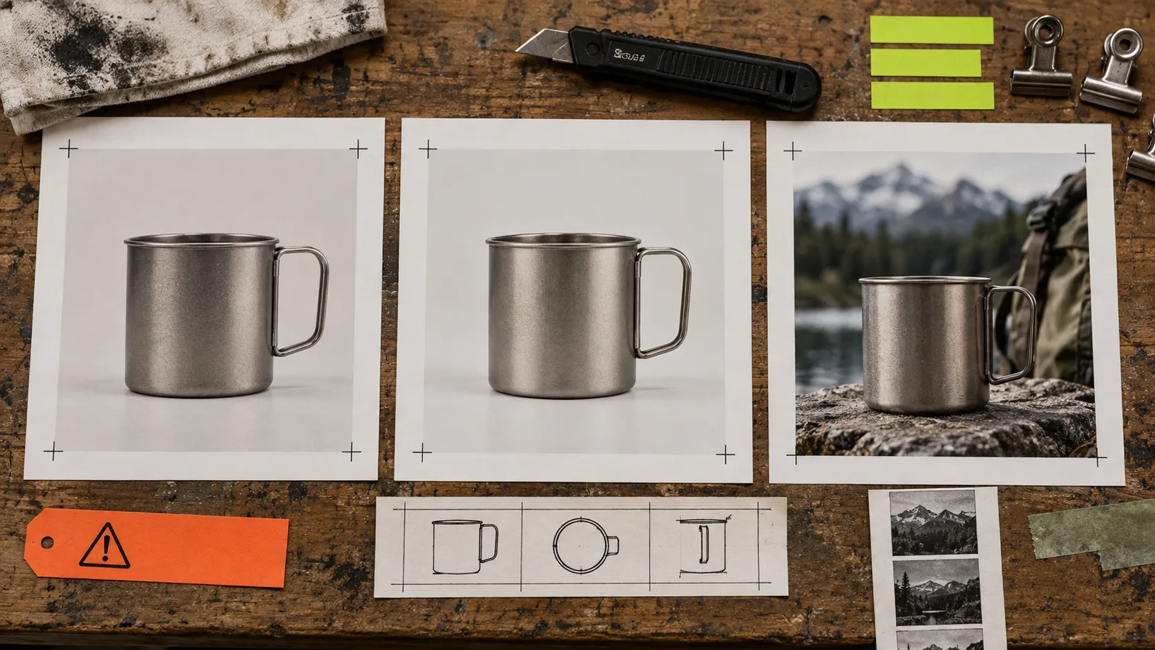 A workbench layout comparing original, corrected, and contextual product images