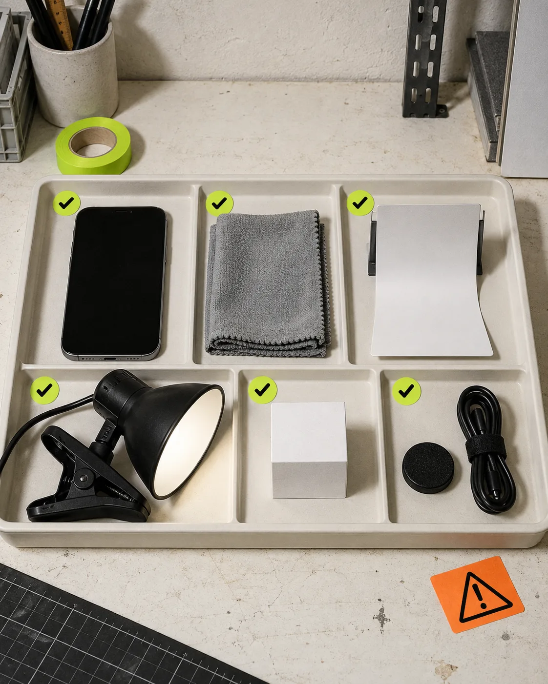 A practical 3D capture preflight tool tray with phone and lighting tools