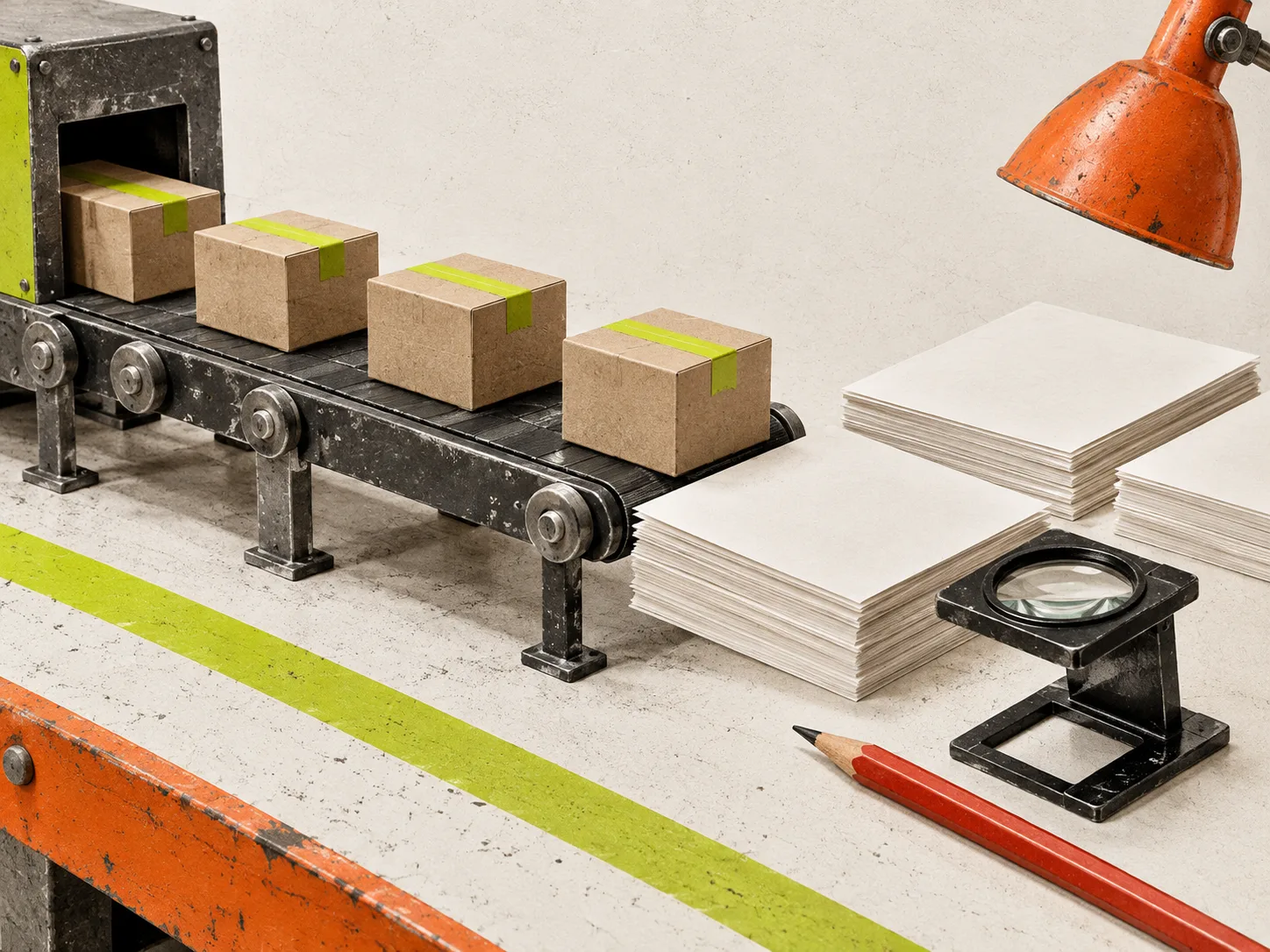 A mechanical content workflow ending at a careful physical review station