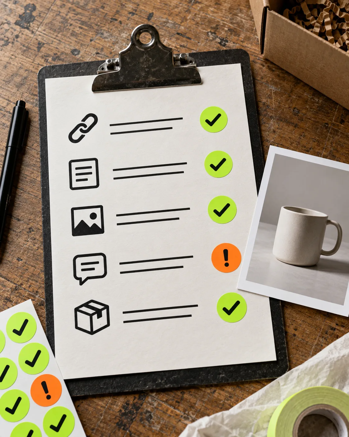 A pre-publish quality-control checklist arranged with article materials