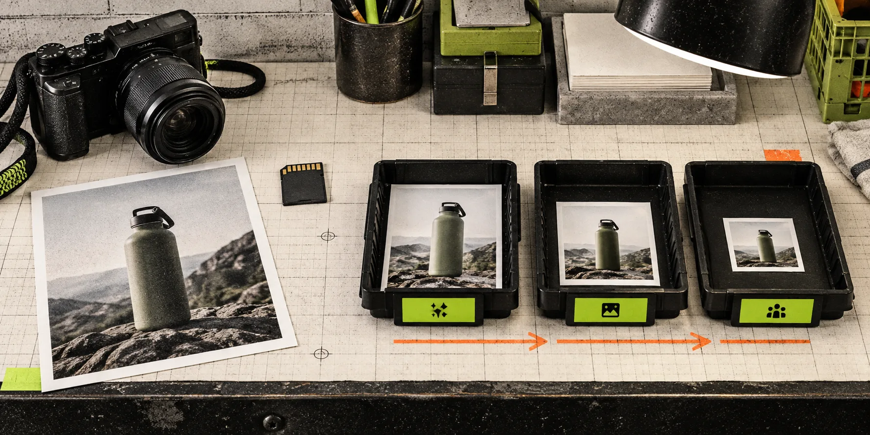 A product-image preparation workbench organized into privacy, optimization, and thumbnail steps