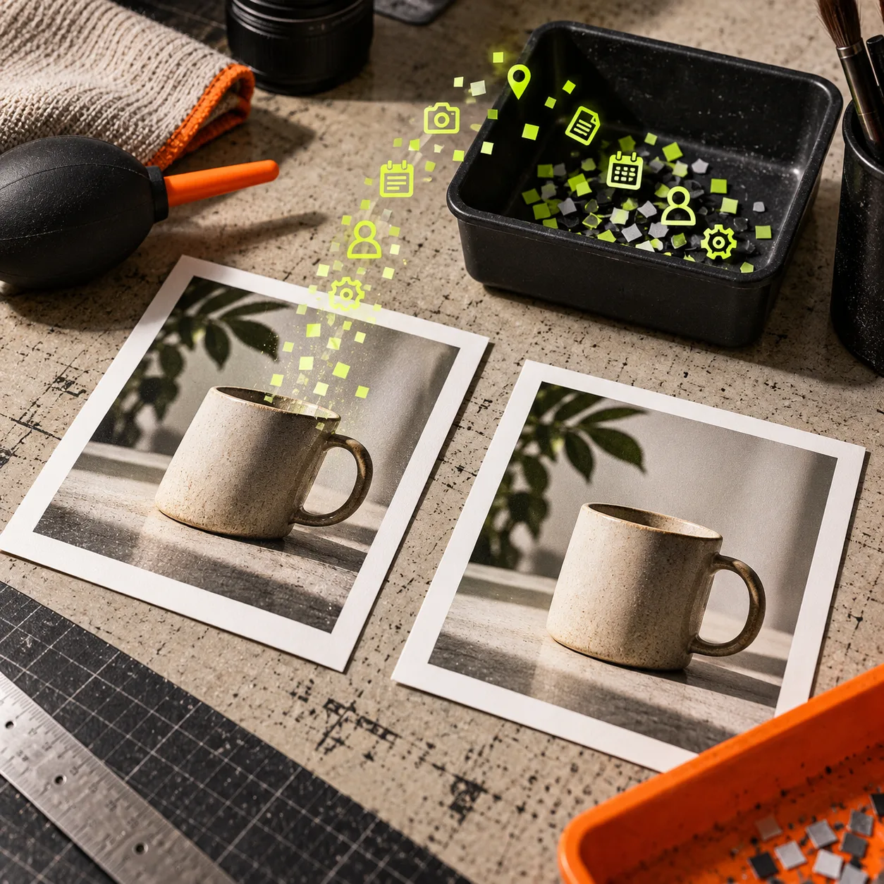 A clean product image separated from its hidden metadata on a tactile workbench