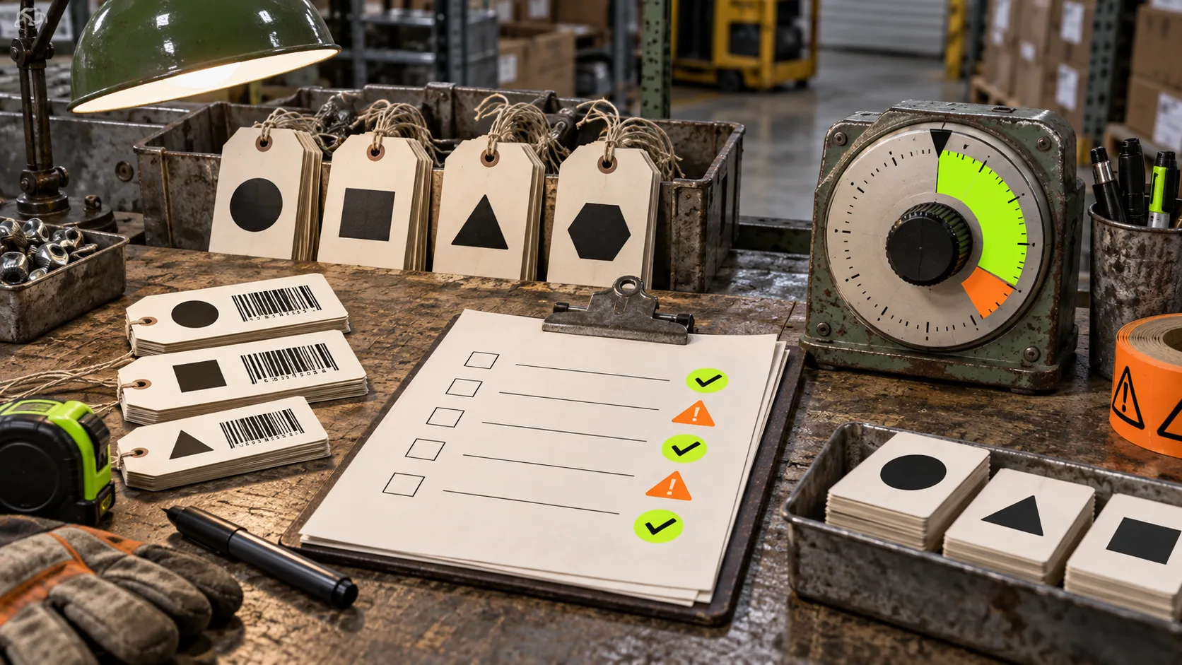 Industrial workbench with product tags and a bulk-update checklist