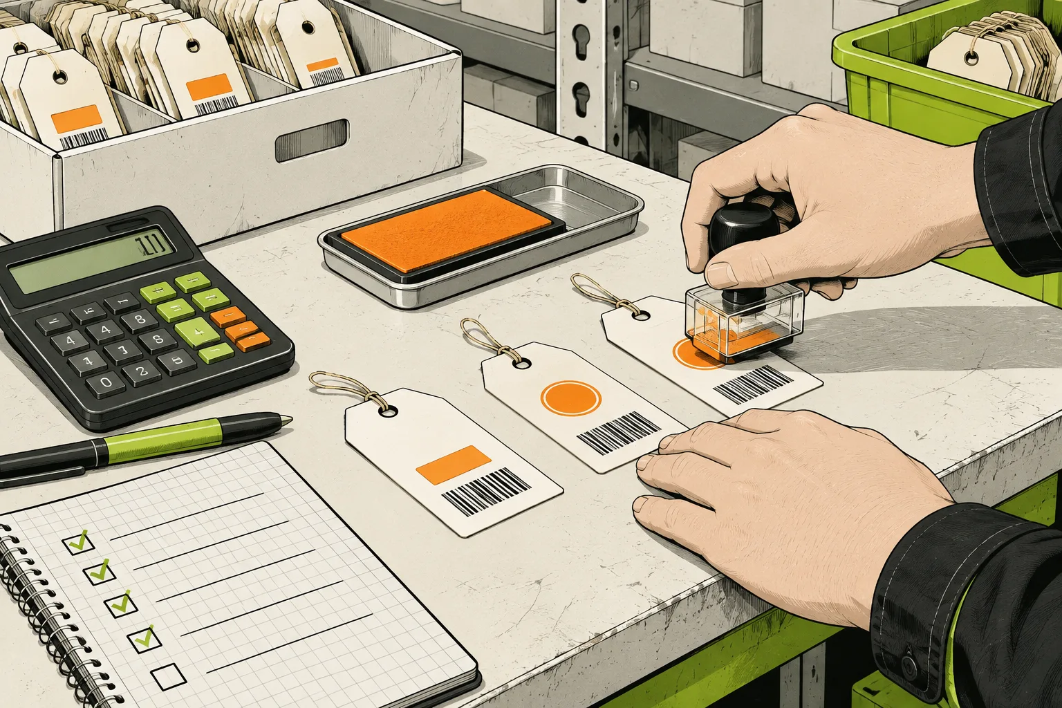 Small sample of product tags being tested beside a calculator and a clear test marker