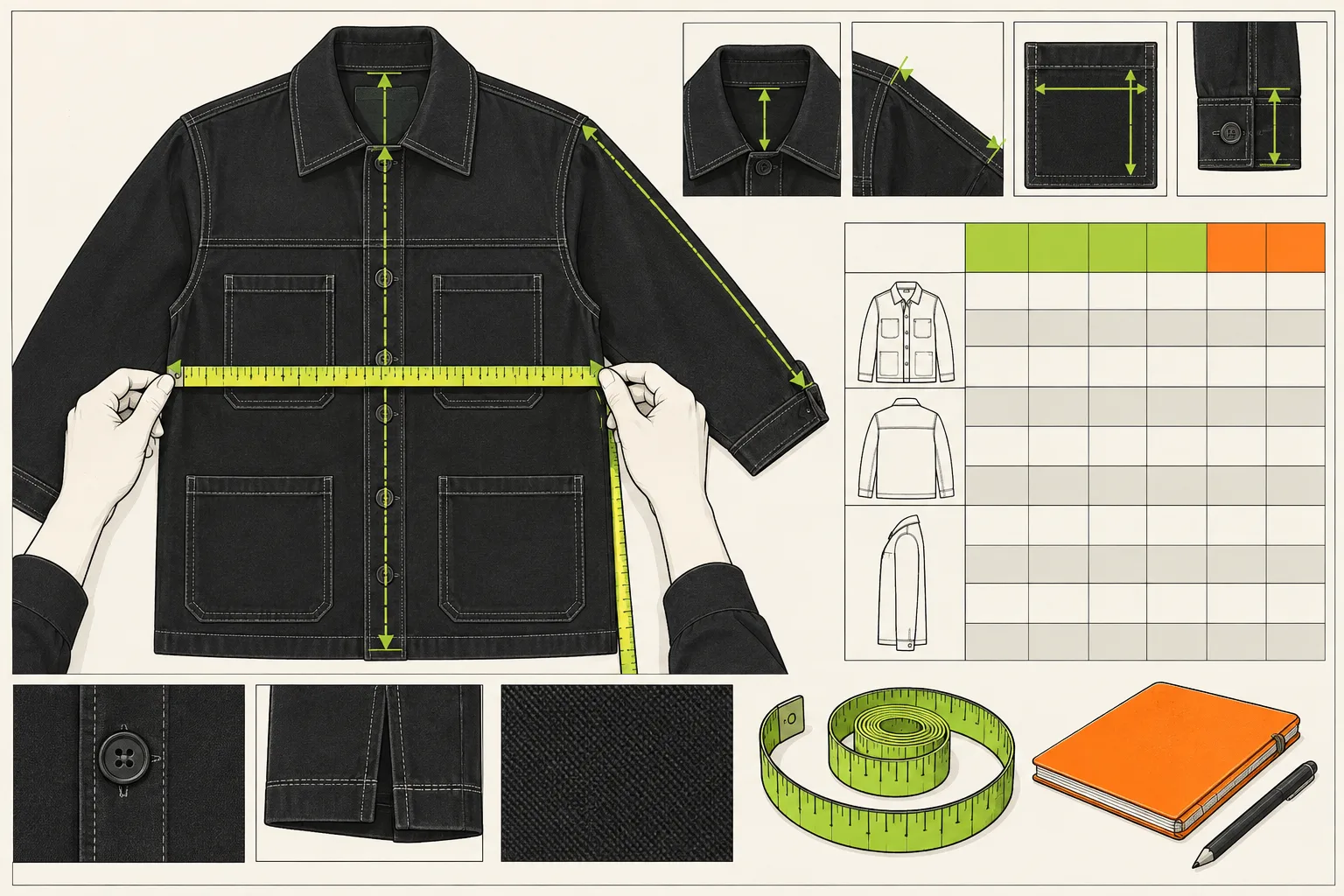 Garment laid flat with a tape measure and precise measurement points