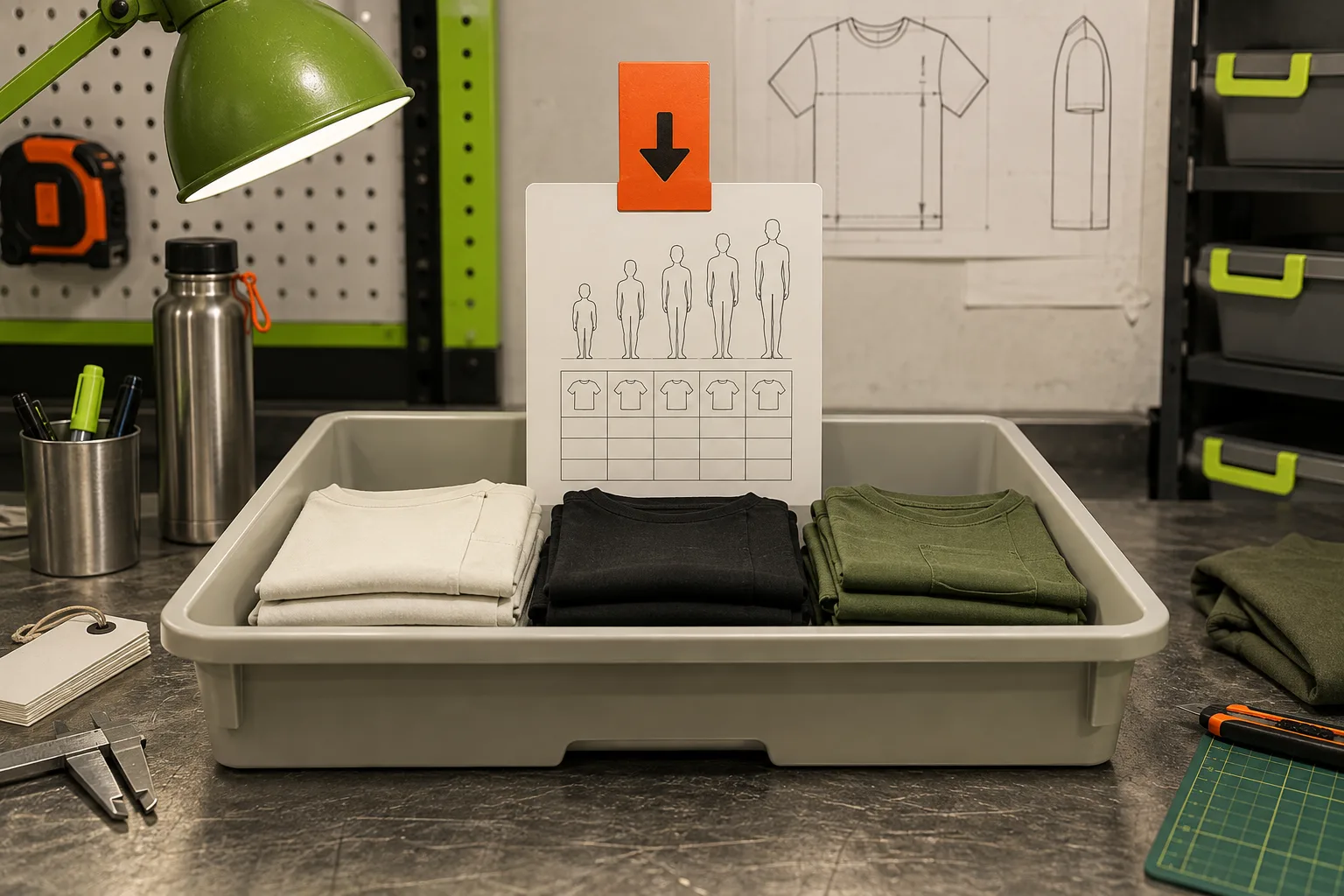 Product collection tray receiving one shared size-chart card through a rule tag