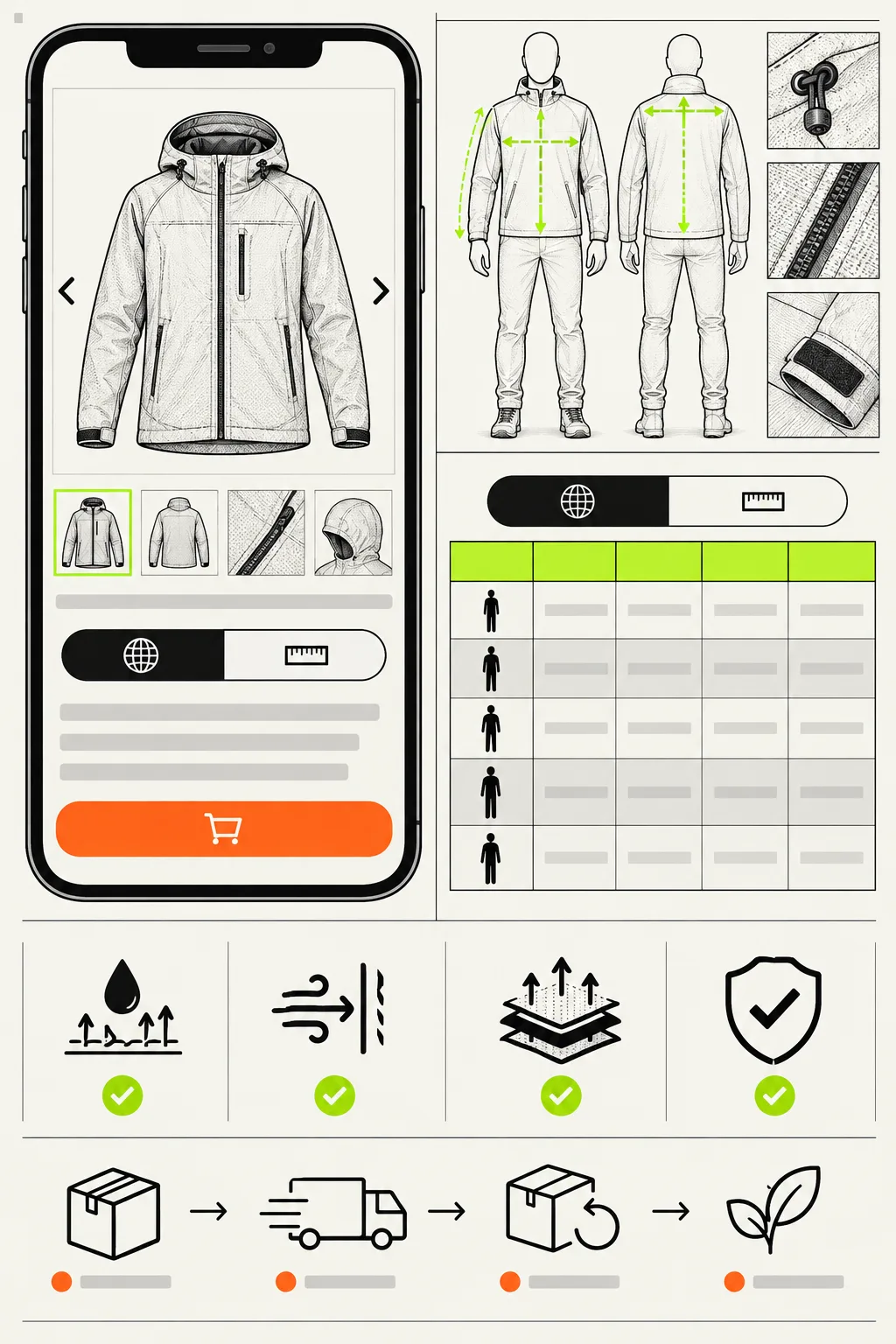 Mobile product page checklist with an accessible size guide and unit toggle