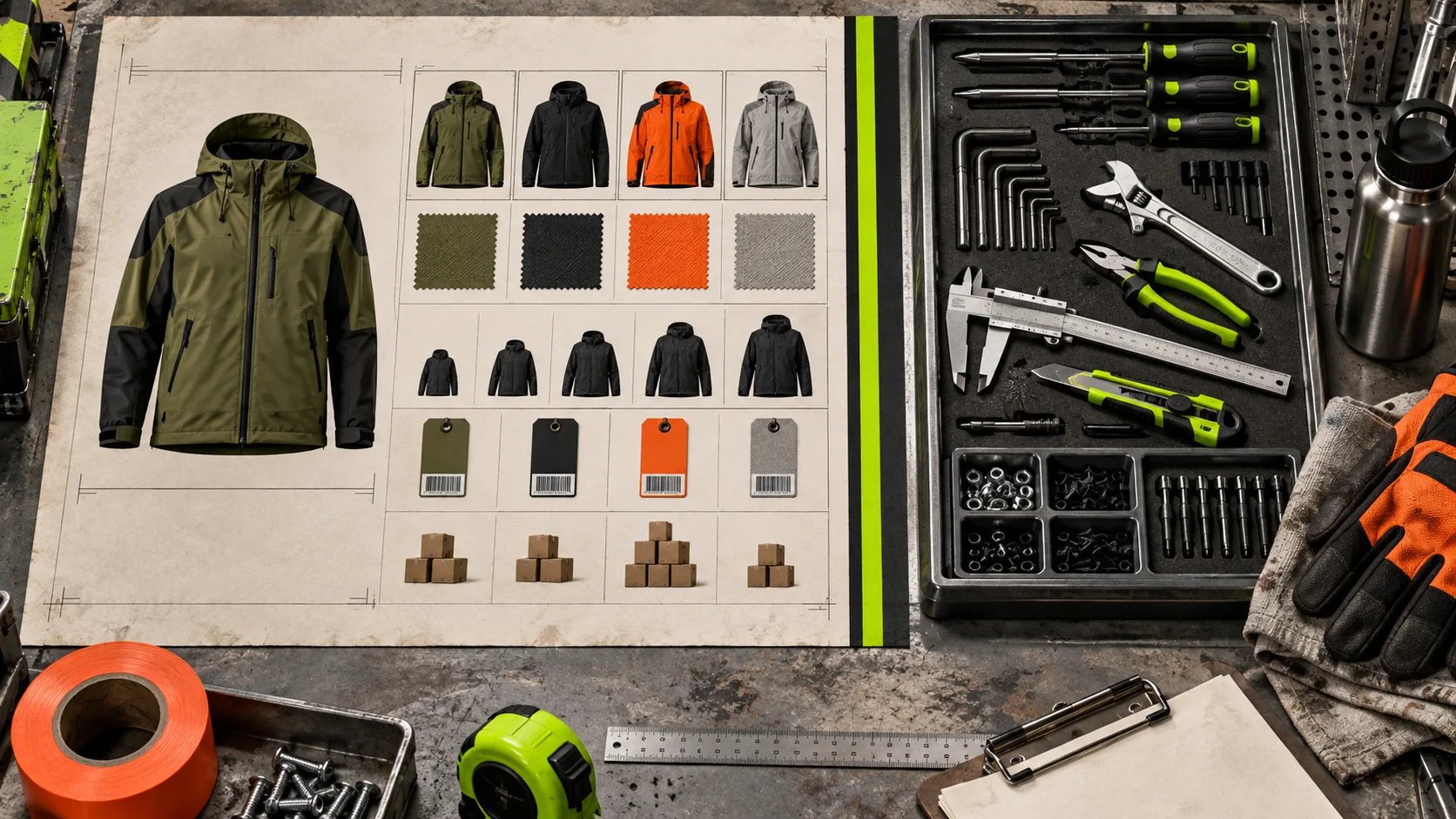 Industrial workbench with Shopify product card split into structured variant tags