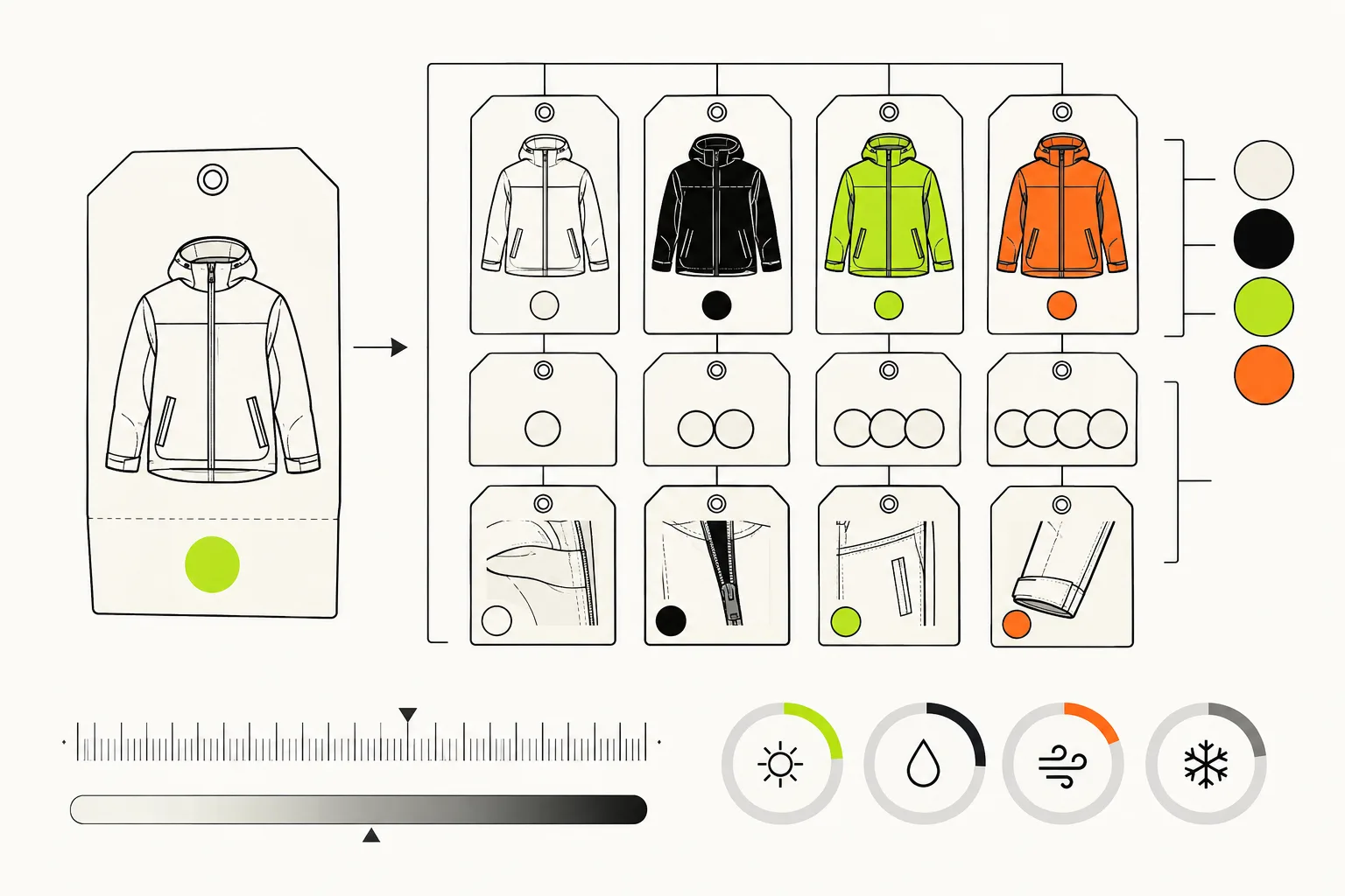 One product card unfolding into a structured grid of color, size, and SKU variants
