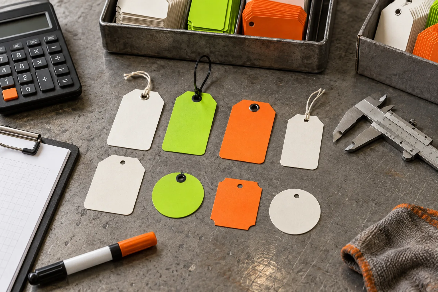 Small sample of variant price and inventory tags inspected with a calculator and test marker