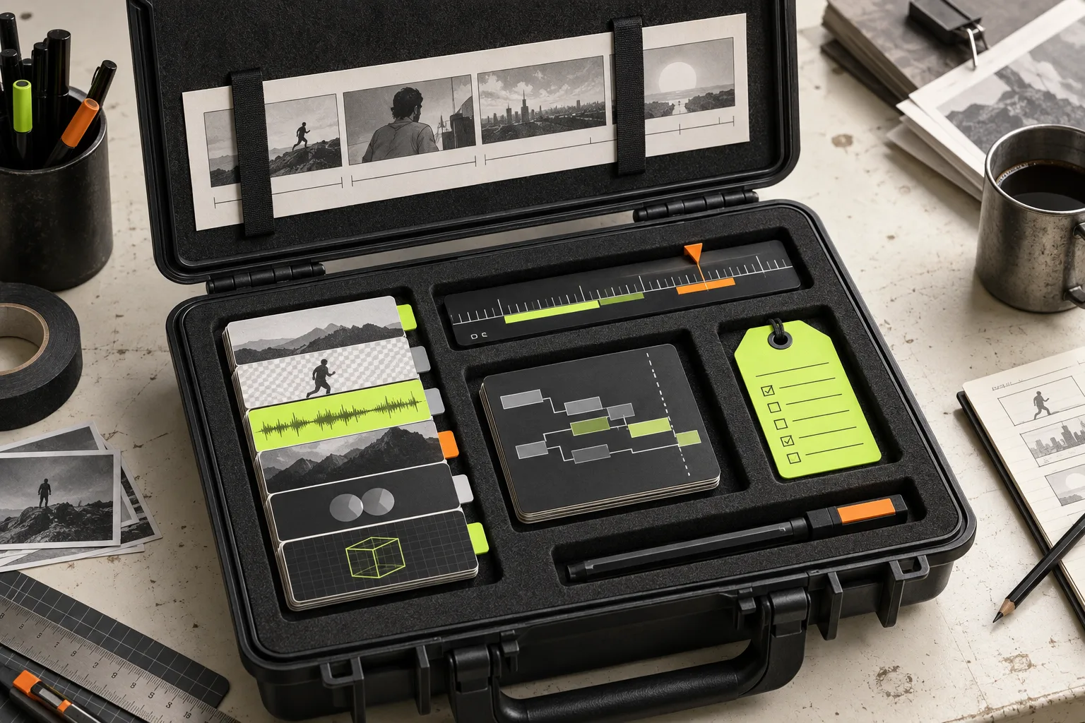 Editable video handoff kit with layered project materials