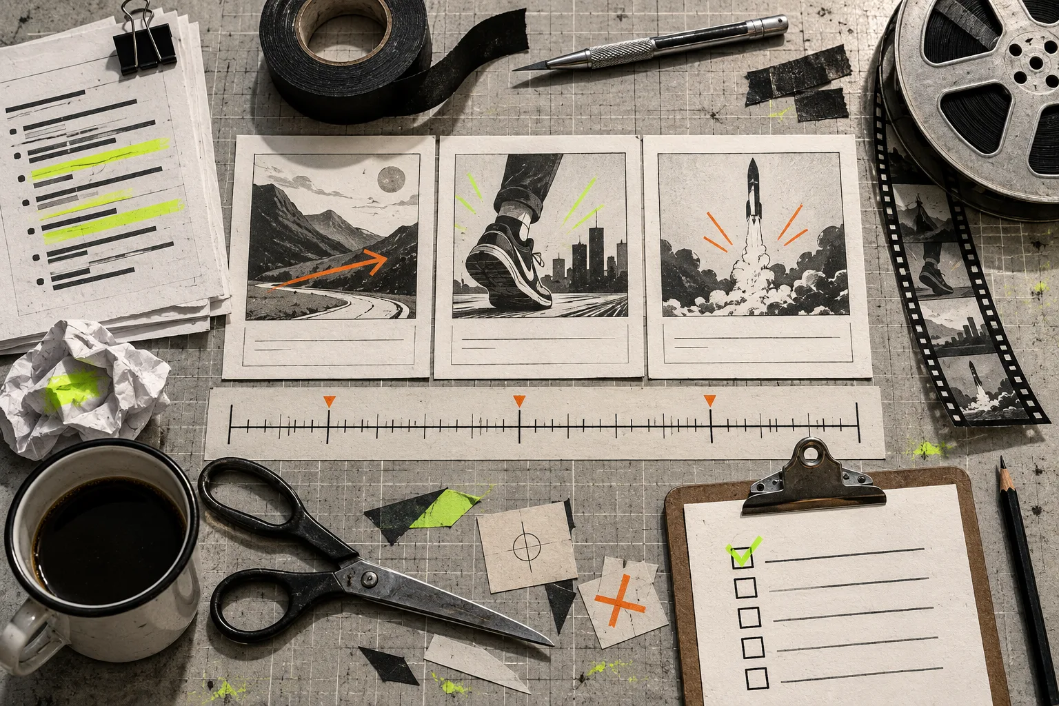 Tactile storyboard cards and timing tools arranged on a workbench
