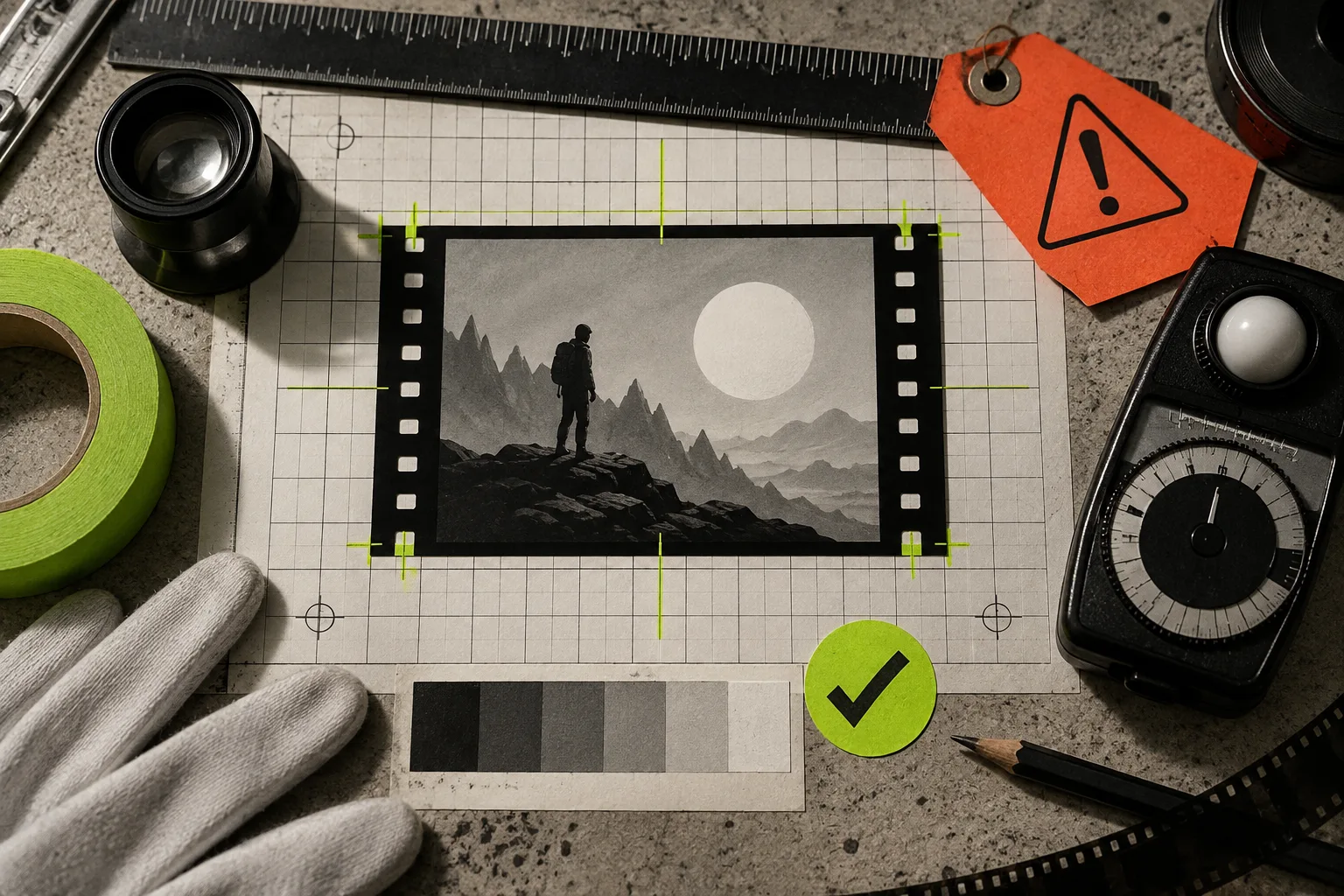 Motion-graphics frame checked against alignment and contrast tools