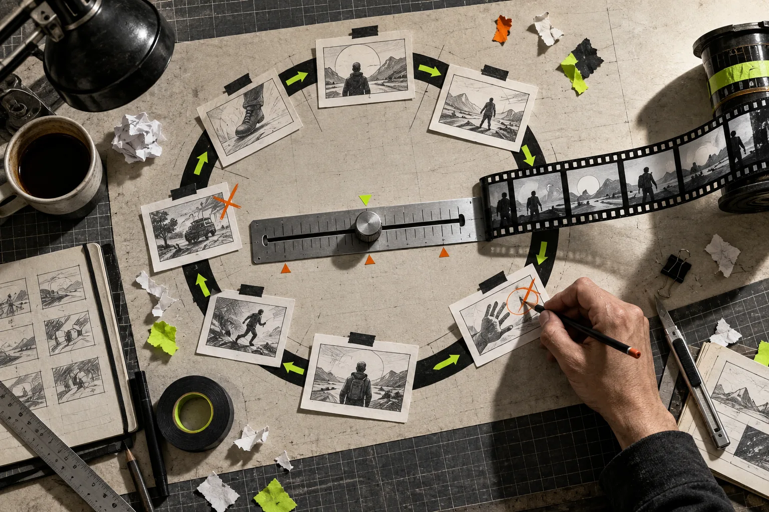 Physical storyboard revision loop with timing slider and finished film strip