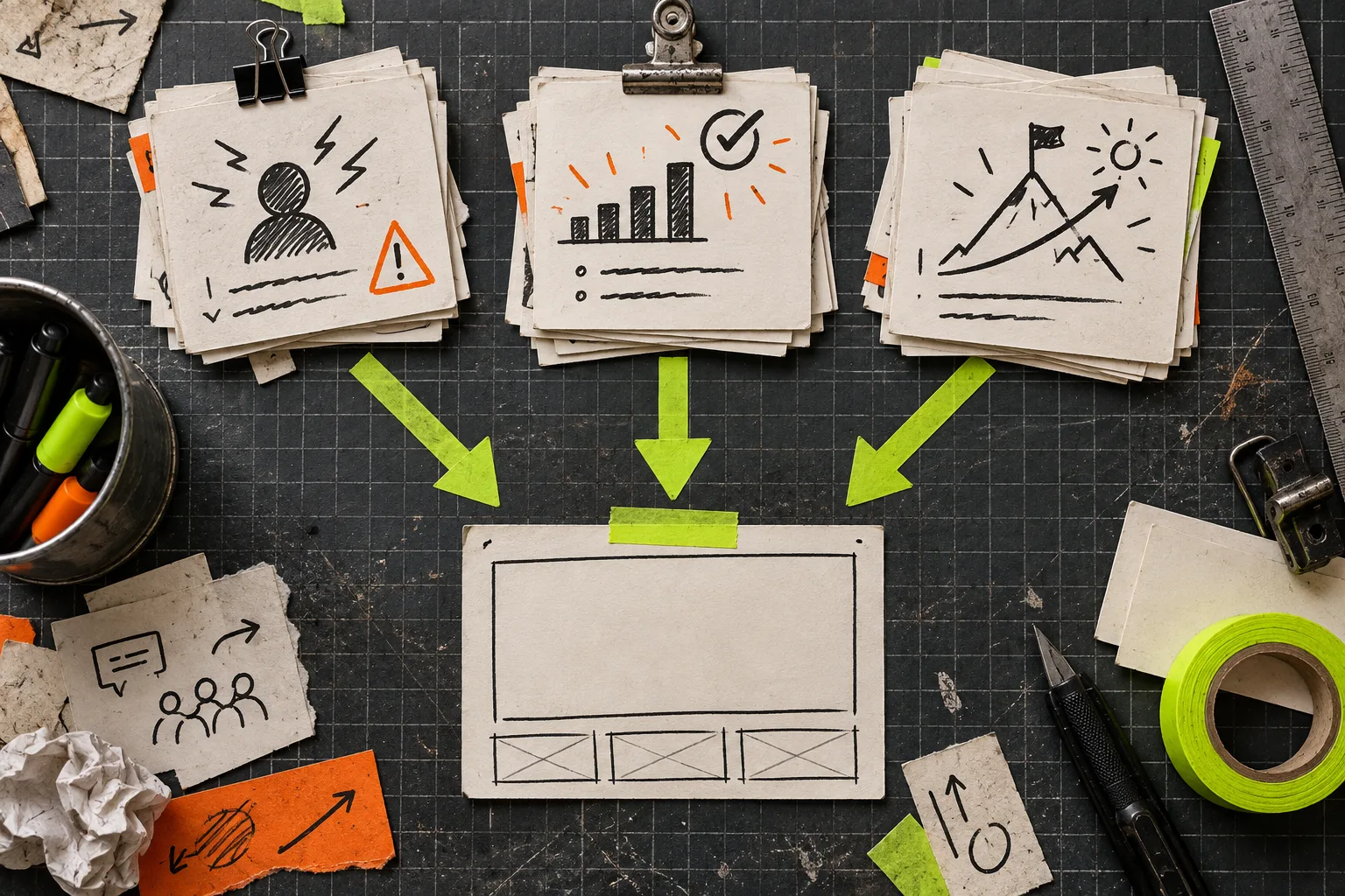 Customer insight cards sorted into a launch video brief