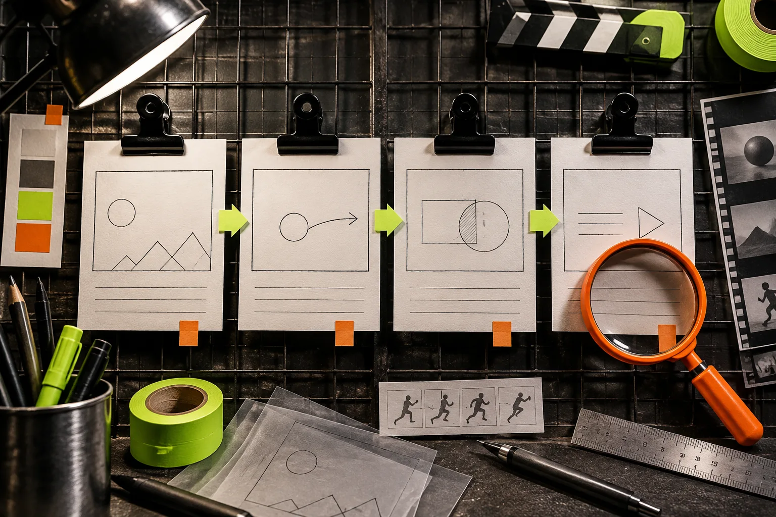 Storyboard cards prepared for a first-cut review
