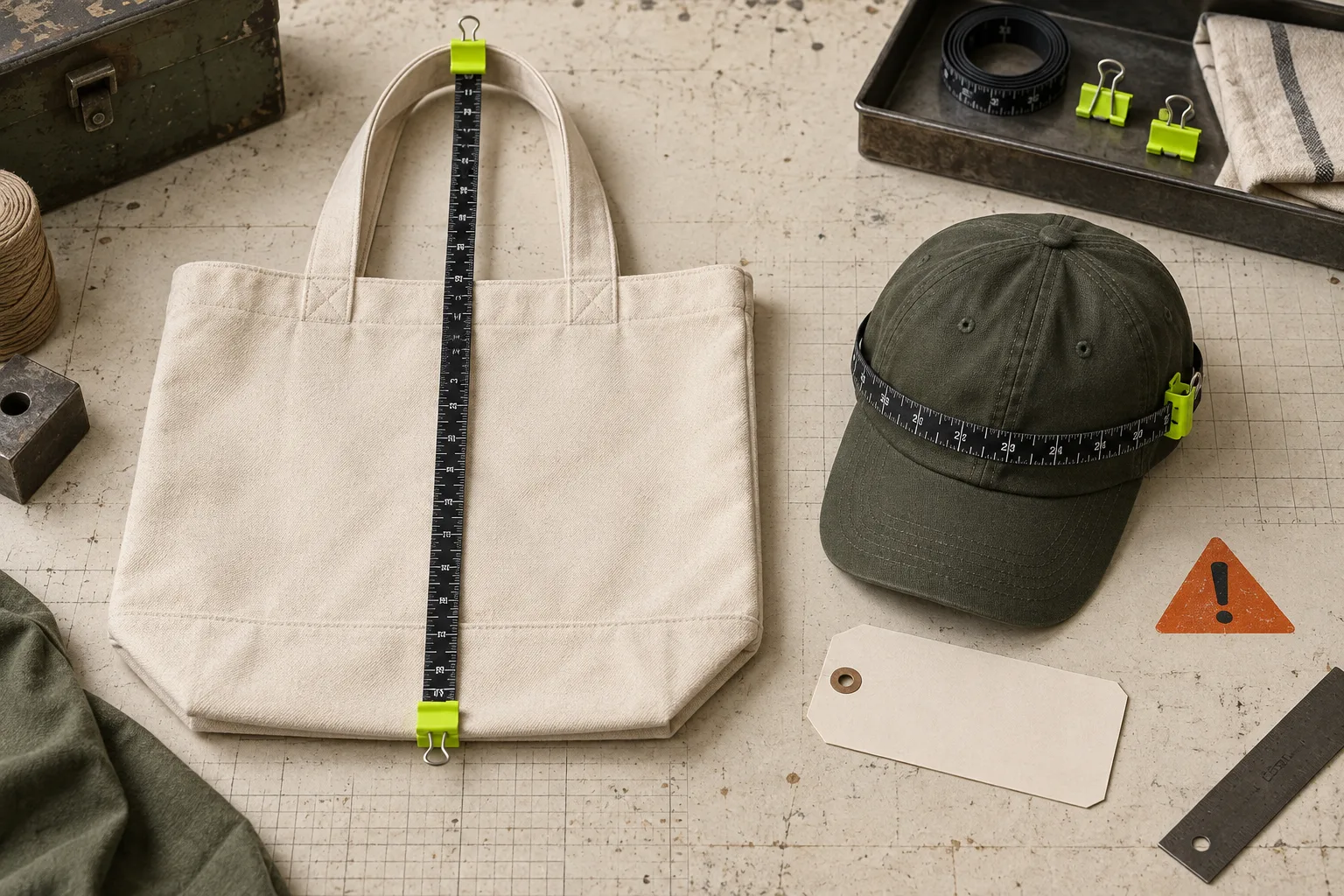 Accessory measurements for tote bags and caps