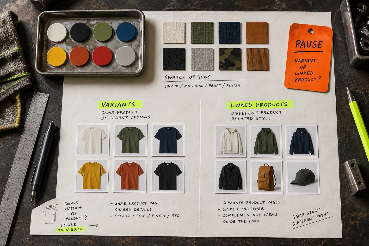 Physical color and image swatches sorted on a technical workbench