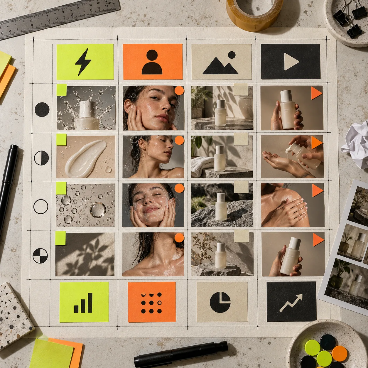 Creative testing matrix with hook avatar scene and CTA variations