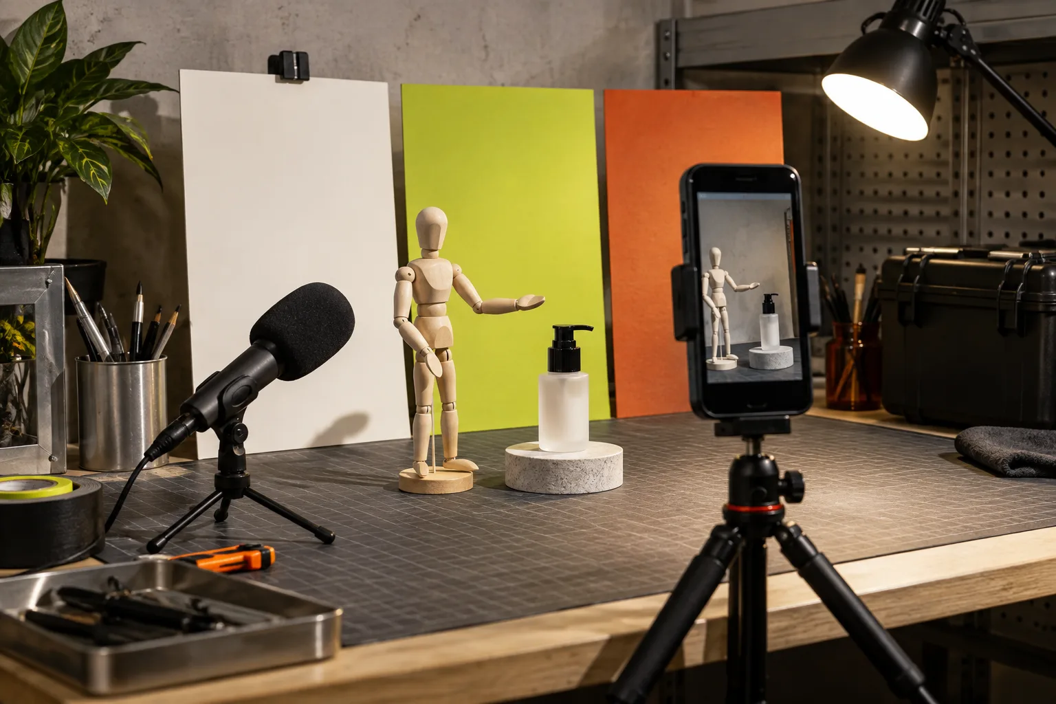 Compact product video production set with phone tripod and scene cards