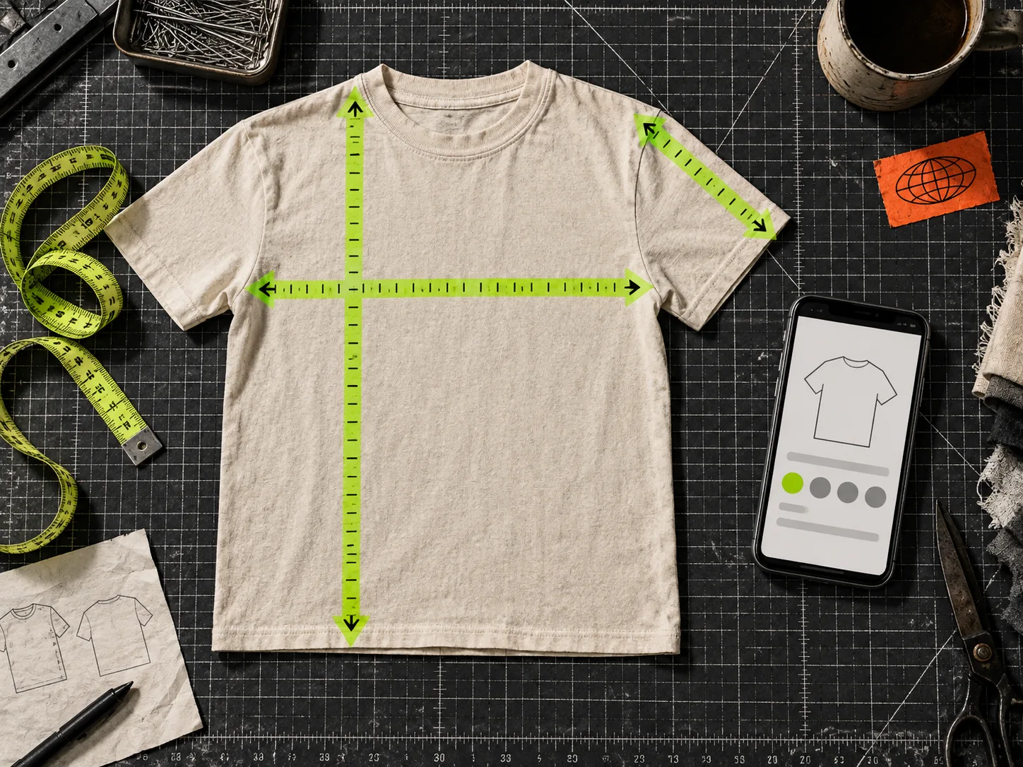 Garment measurement guide with chest length and sleeve markers