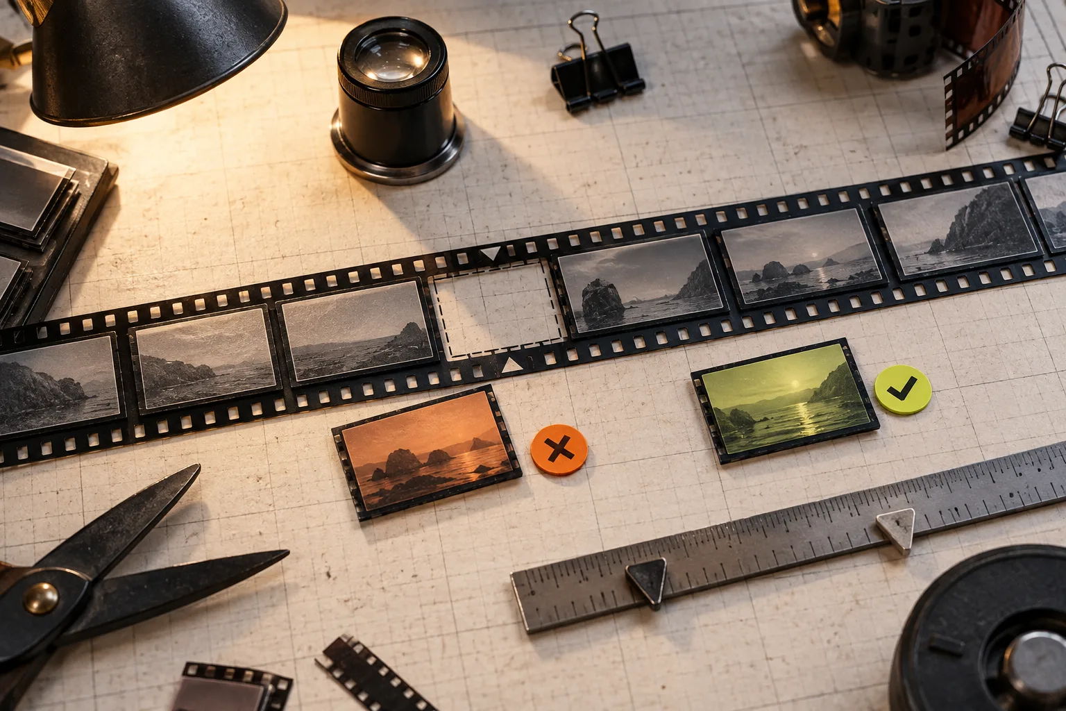 A tactile film strip with visual review markers