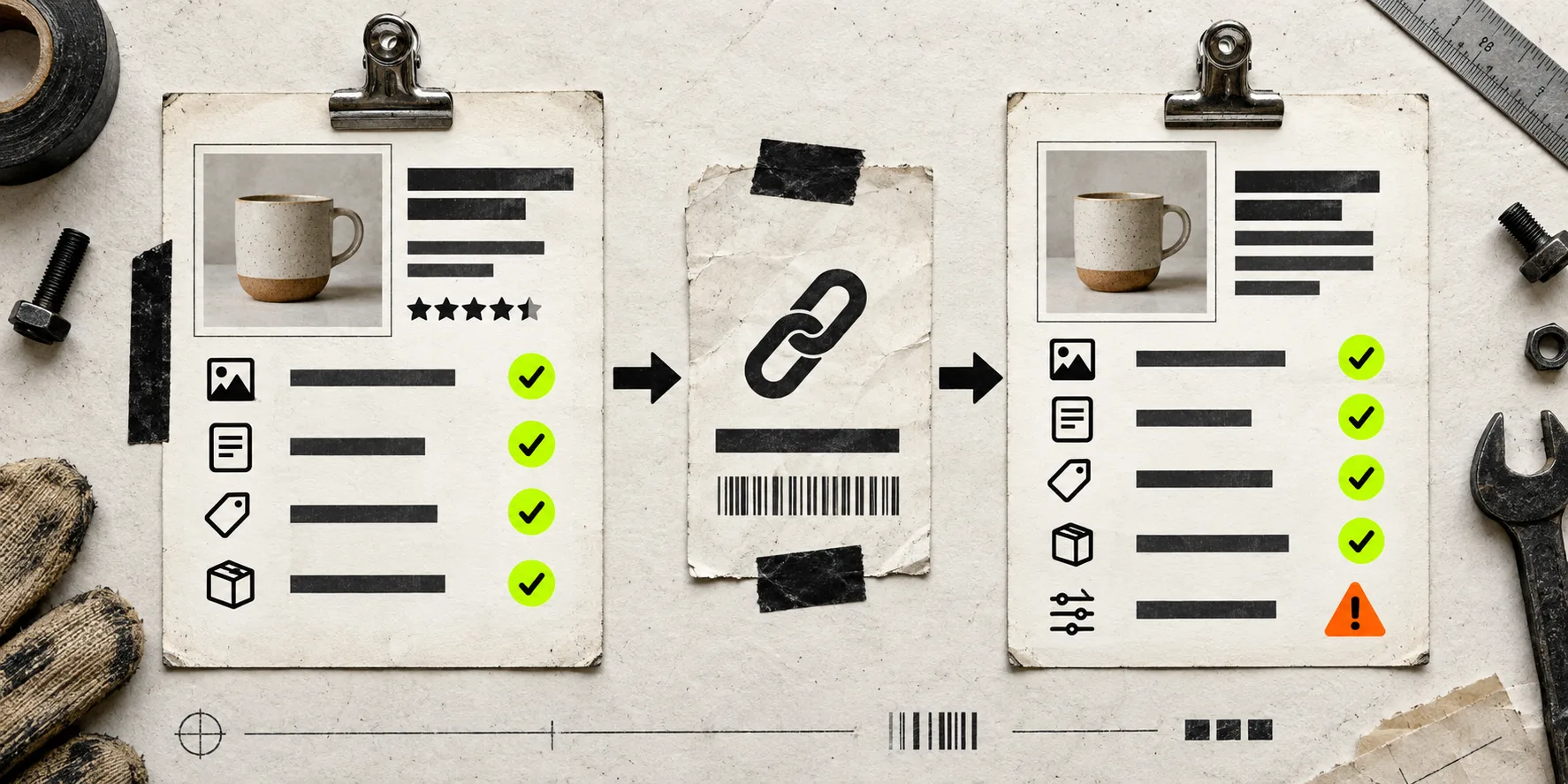 Technical diagram of listing data passing from Etsy through a feed into a commerce catalog
