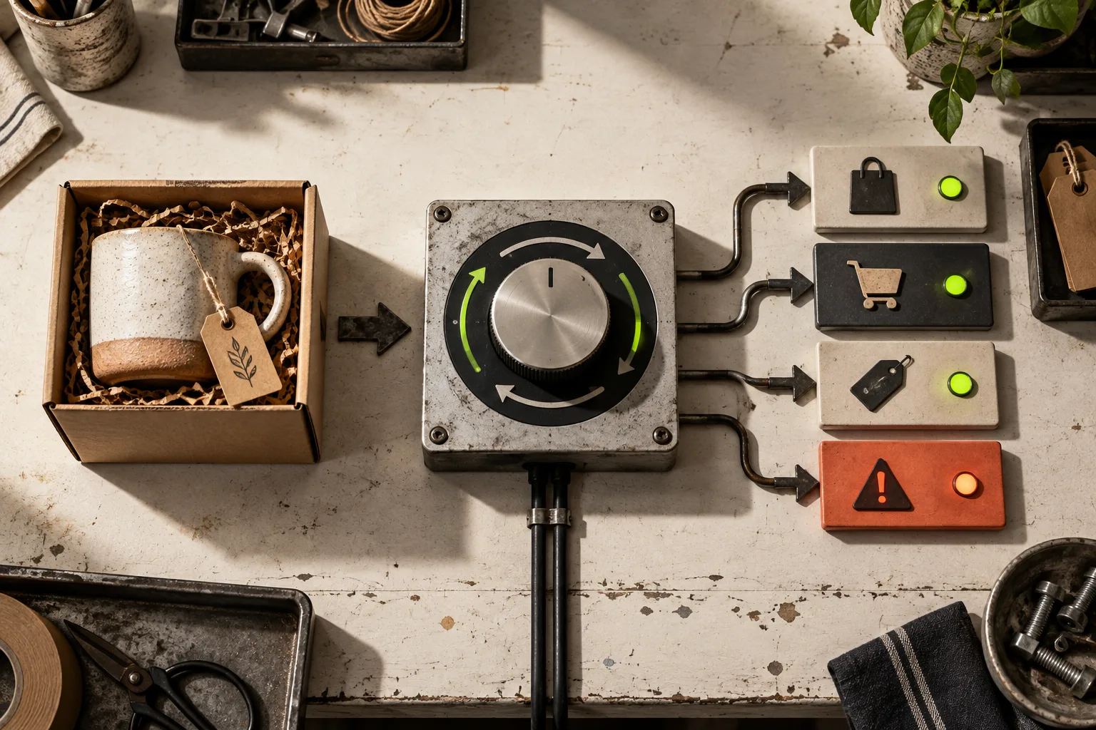 Tactile control station illustrating scheduled catalog refreshes and one flagged exception
