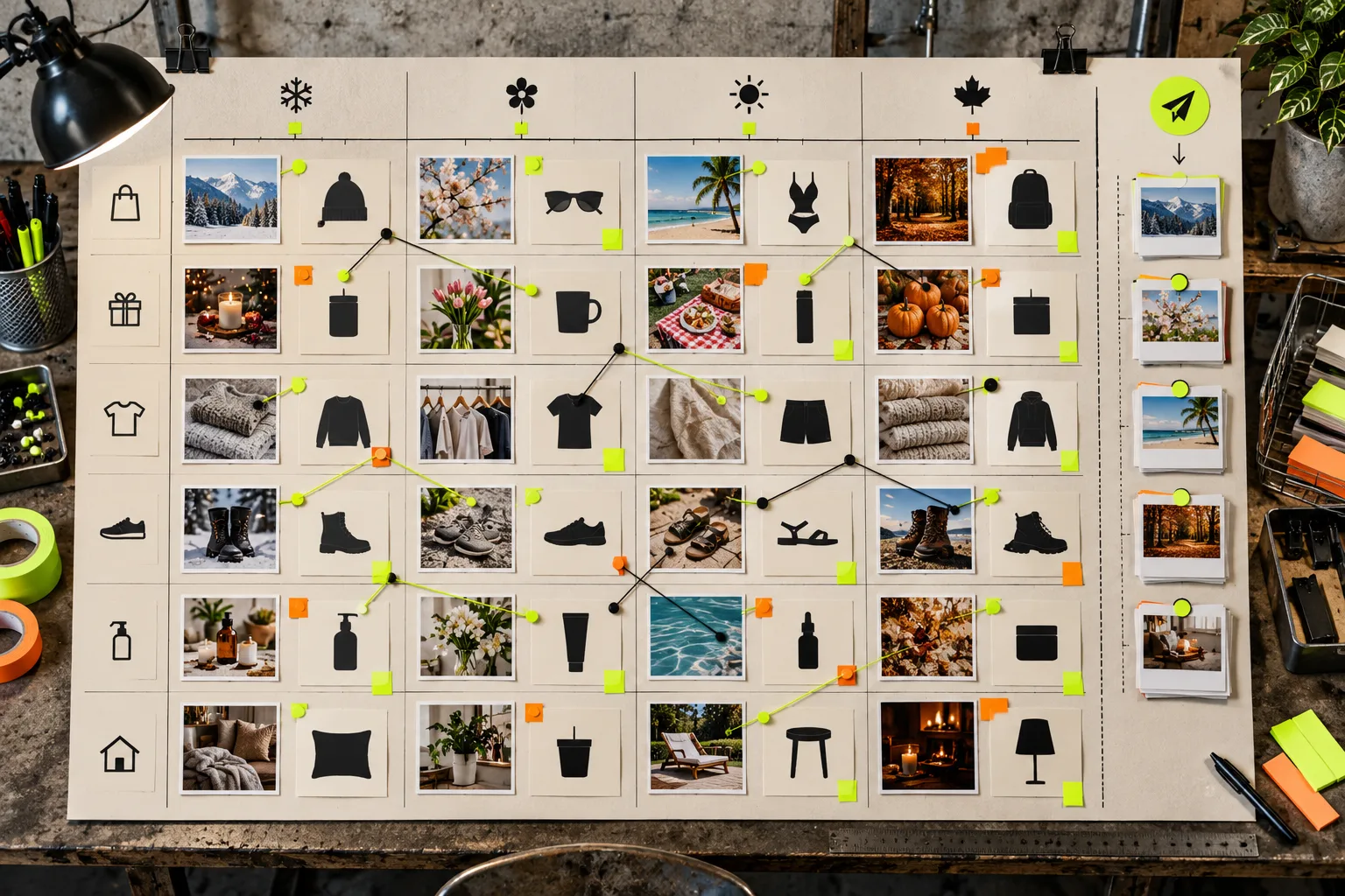 Seasonal ecommerce editorial calendar on a planning board