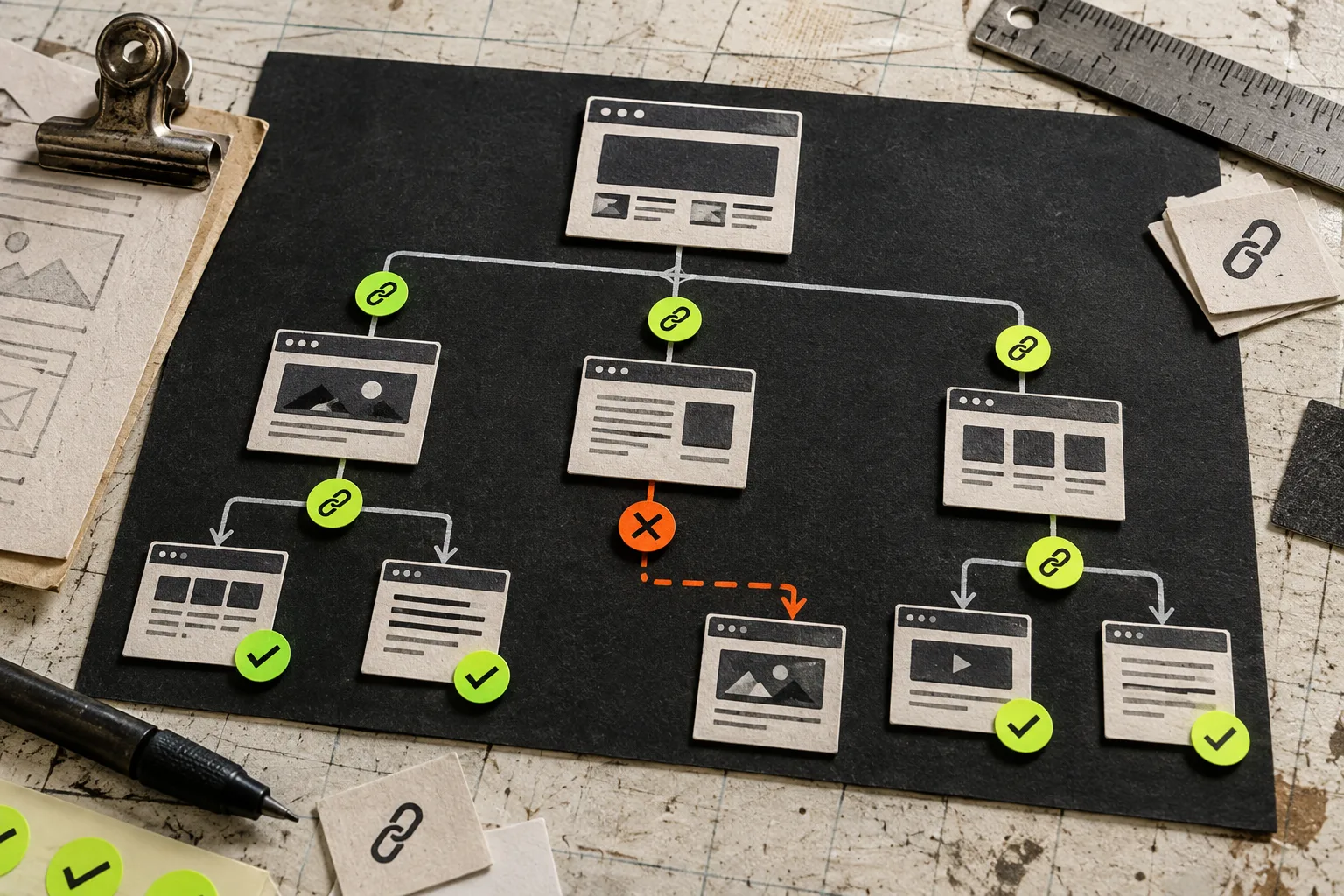Route map with verified pages and one flagged broken path