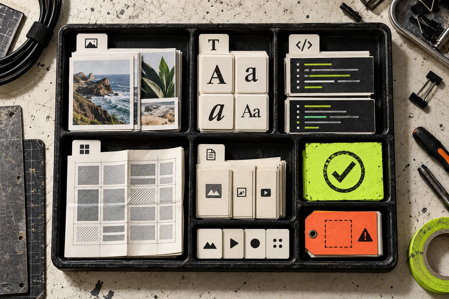 Technical asset inspection tray for images fonts scripts and page files