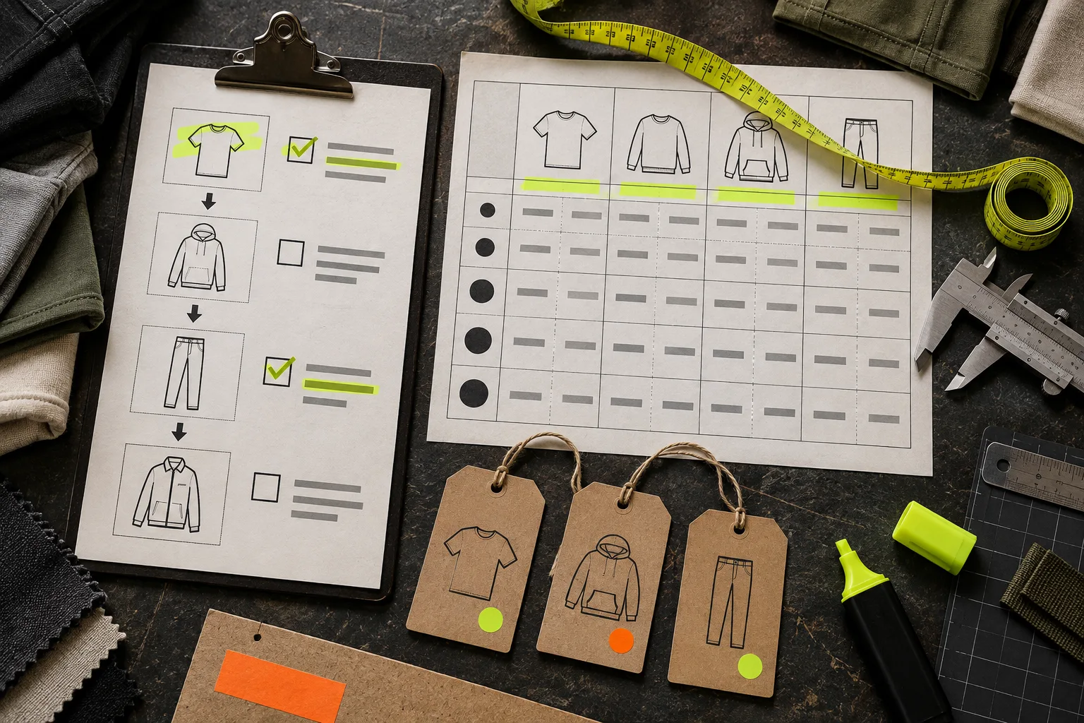 Size chart audit worksheet with garment tags and tape measure