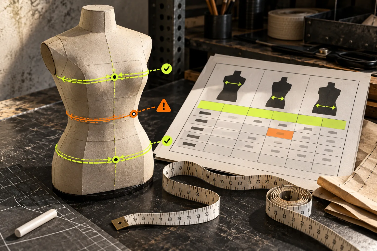 Measurement guide check with paper mannequin and tape measure