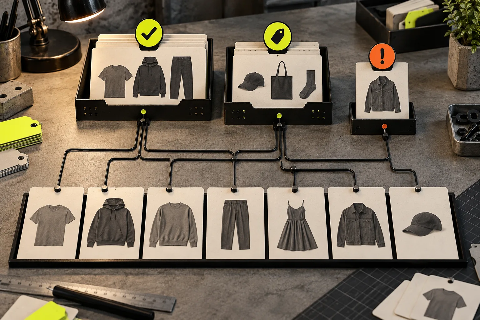 Rule assignment board grouping product cards for Shopify size charts