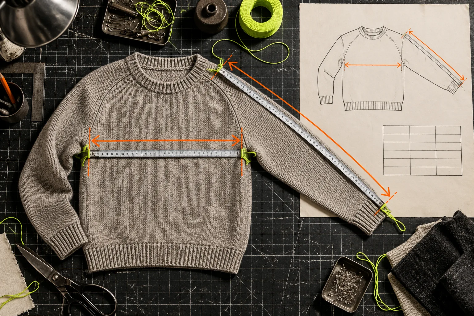 Flat garment measurements marked on a knit sweater