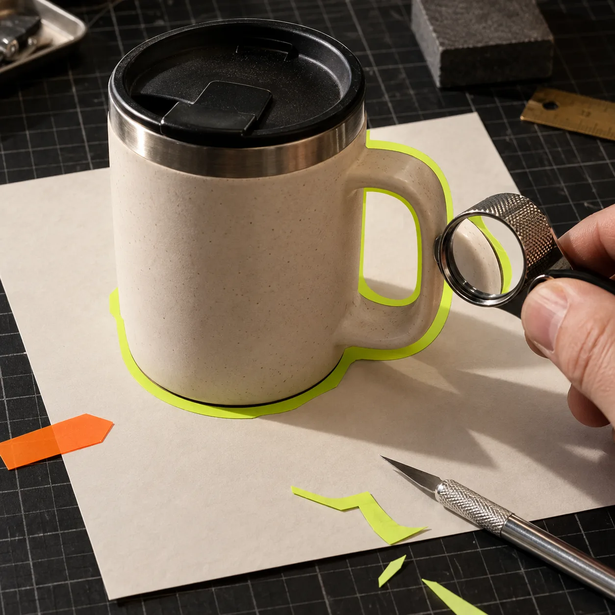 Travel mug edge inspected with a loupe for accurate masking
