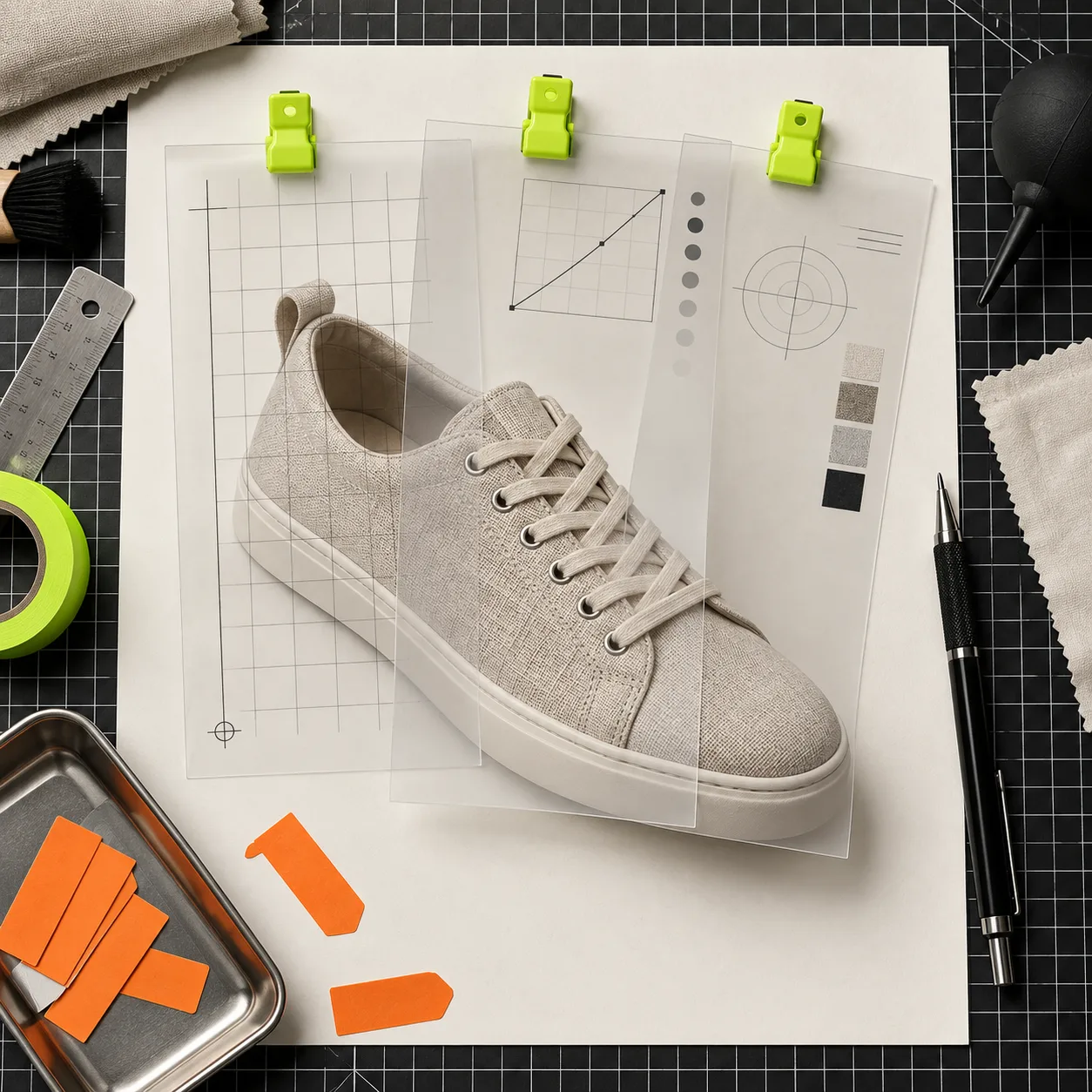 Product shoe with transparent adjustment sheets showing non-destructive editing