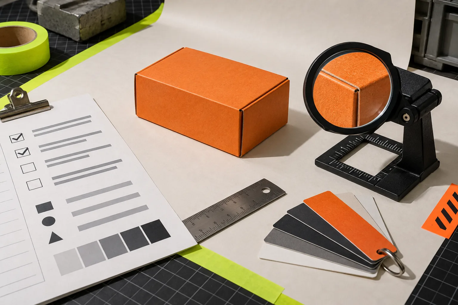 Orange package at a product photo quality-control station