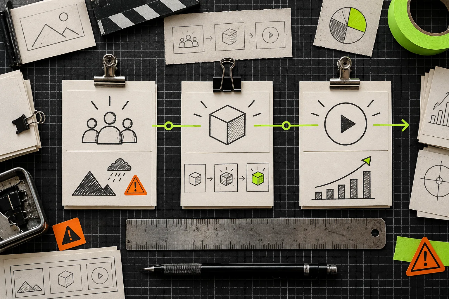Three-card launch video brief on a gridded workbench