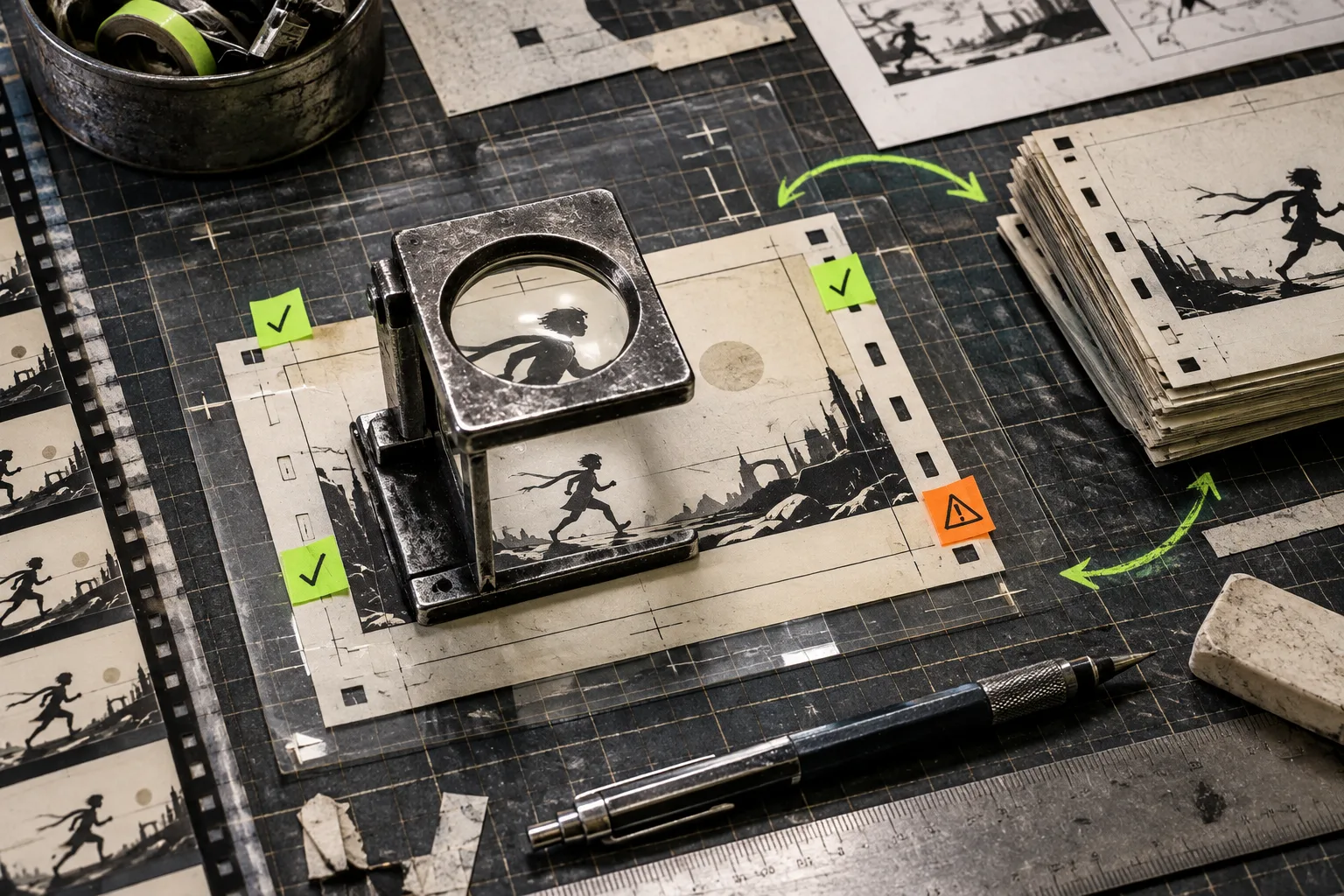 Film-frame quality-control inspection on a technical workbench